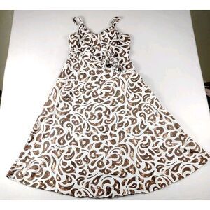 MSK Fit And Flare A Line Dress Women's Large Brown White Geometric Linen Blend